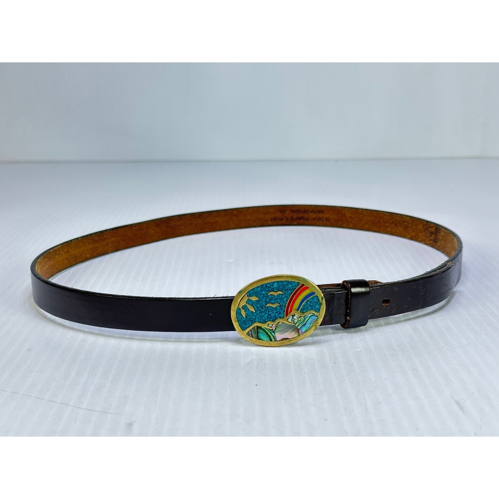 Justin Vintage Leather Belt Abalone Turquoise Rainbow Brass Buckle 32 1553C